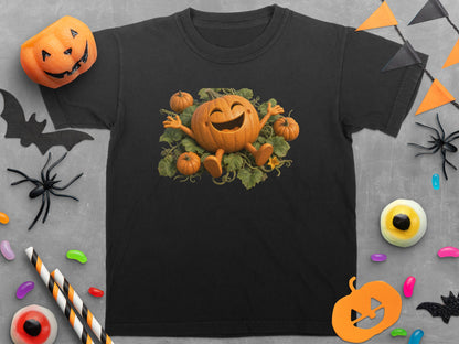 Black t-shirt with a smiling cartoon pumpkin surrounded by smaller pumpkins and vines.