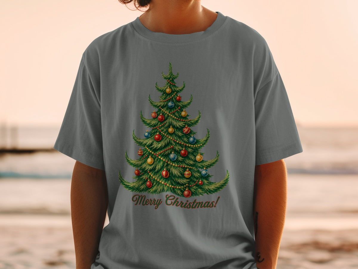 Dark gray t-shirt with a vintage Christmas tree illustration and "Merry Christmas!" text.