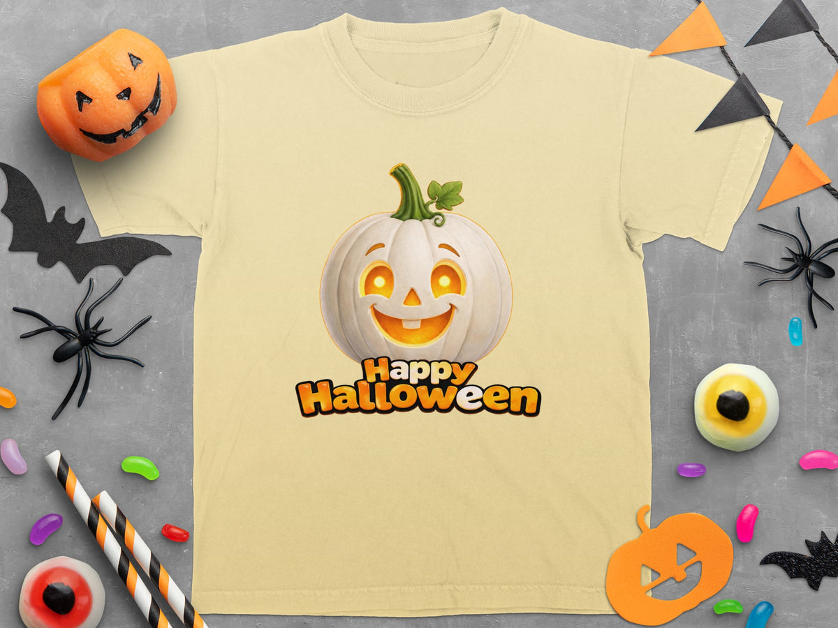 Yellow t-shirt with a smiling white jack-o-lantern and "Happy Halloween" text.