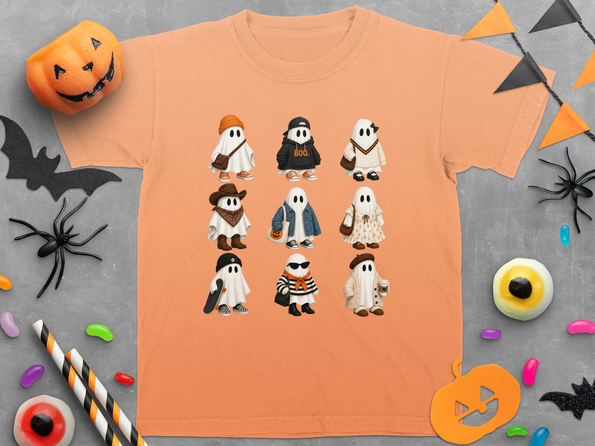 Orange t-shirt featuring nine cartoon ghosts in various outfits with the text "BOO."