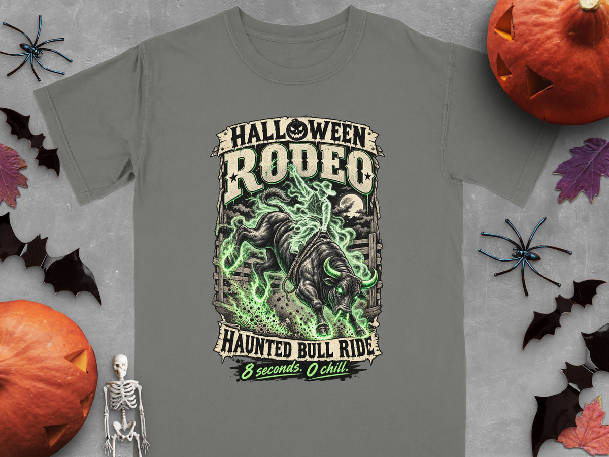 Halloween Rodeo graphic with a bull rider and "Haunted Bull Ride" text.