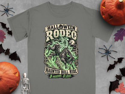 Halloween Rodeo graphic with a bull rider and "Haunted Bull Ride" text.