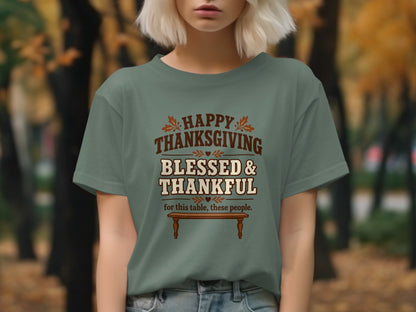 Green t-shirt with "Happy Thanksgiving Blessed & Thankful" text and a table graphic.