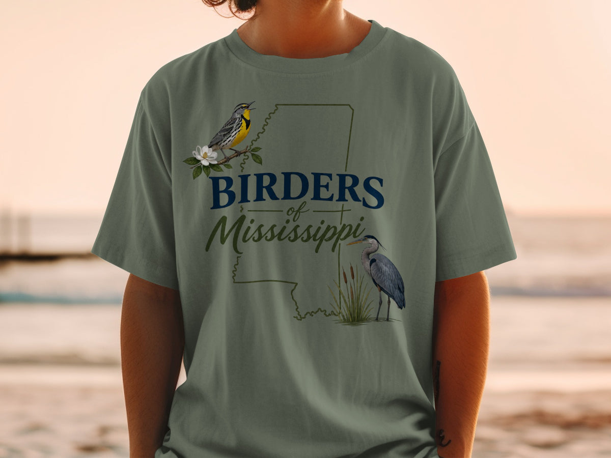 Birders of Mississippi t-shirt design with a yellow bird and a heron.