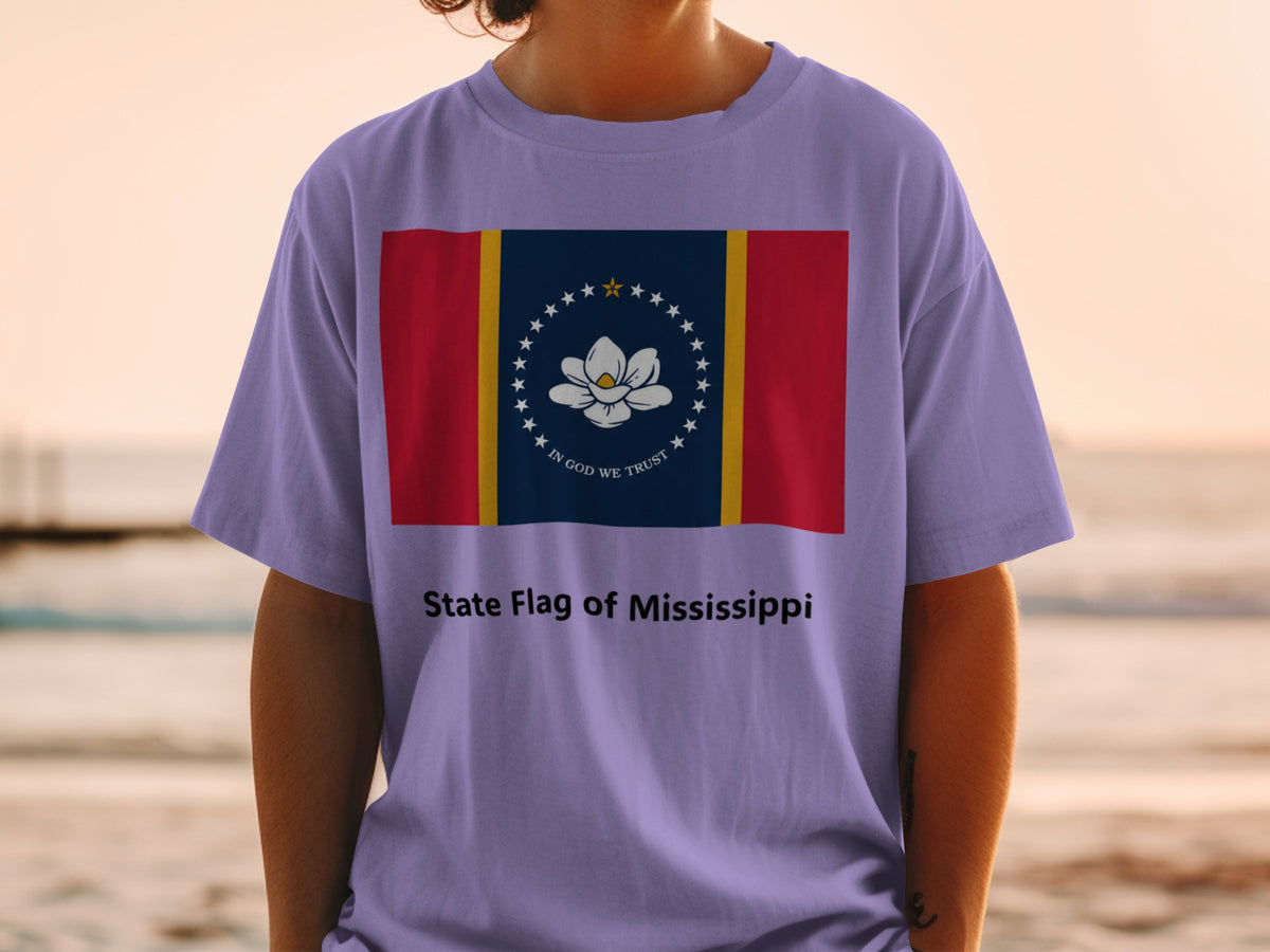 Mississippi state flag with Magnolia flower and text "In God We Trust".
