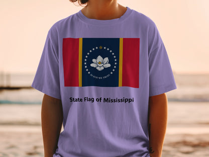 Mississippi state flag with Magnolia flower and text "In God We Trust".