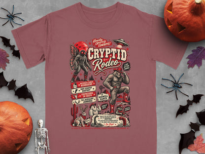 Cryptid Rodeo graphic with Mothman, Bigfoot, Jackalope, UFO, and more.