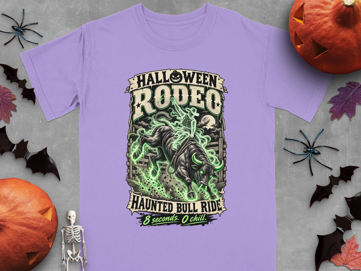 Halloween Rodeo design with a bull rider on a bull surrounded by green smoke.