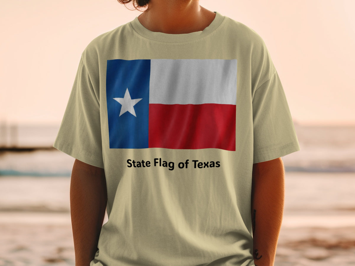 T-shirt with State Flag of Texas design and text.