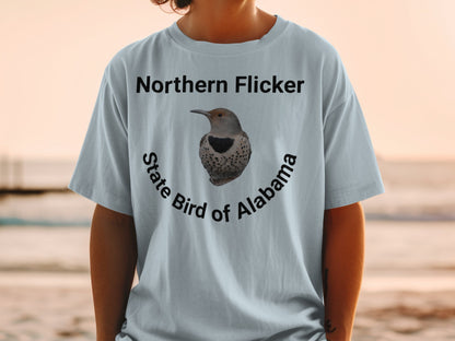 T-shirt with "Northern Flicker State Bird of Alabama" text and bird graphic.