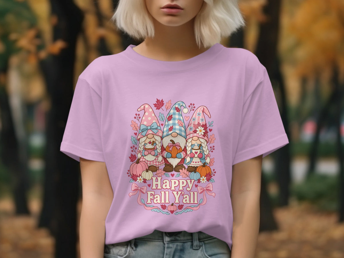 T-shirt with three gnomes and the text "Happy Fall Y'all"