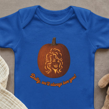 Blue infant bodysuit with a carved pumpkin face and text "Dolly, we'll always love you!"