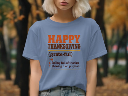 Blue t-shirt with "Happy Thanksgiving (grateful)" definition text.
