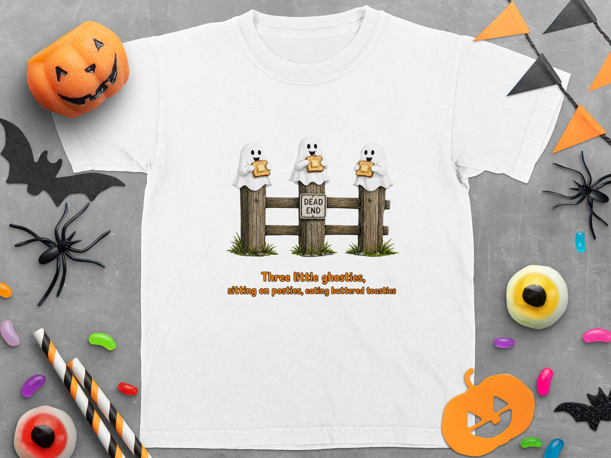 White t-shirt with three ghosts on a fence eating toast.