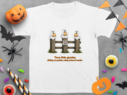 White t-shirt with three ghosts on a fence eating toast.