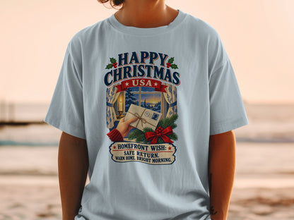 Happy Christmas USA graphic with a winter scene and homefront wish.