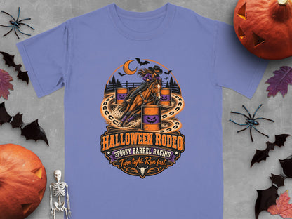 Halloween Rodeo spooky barrel racing graphic with text.
