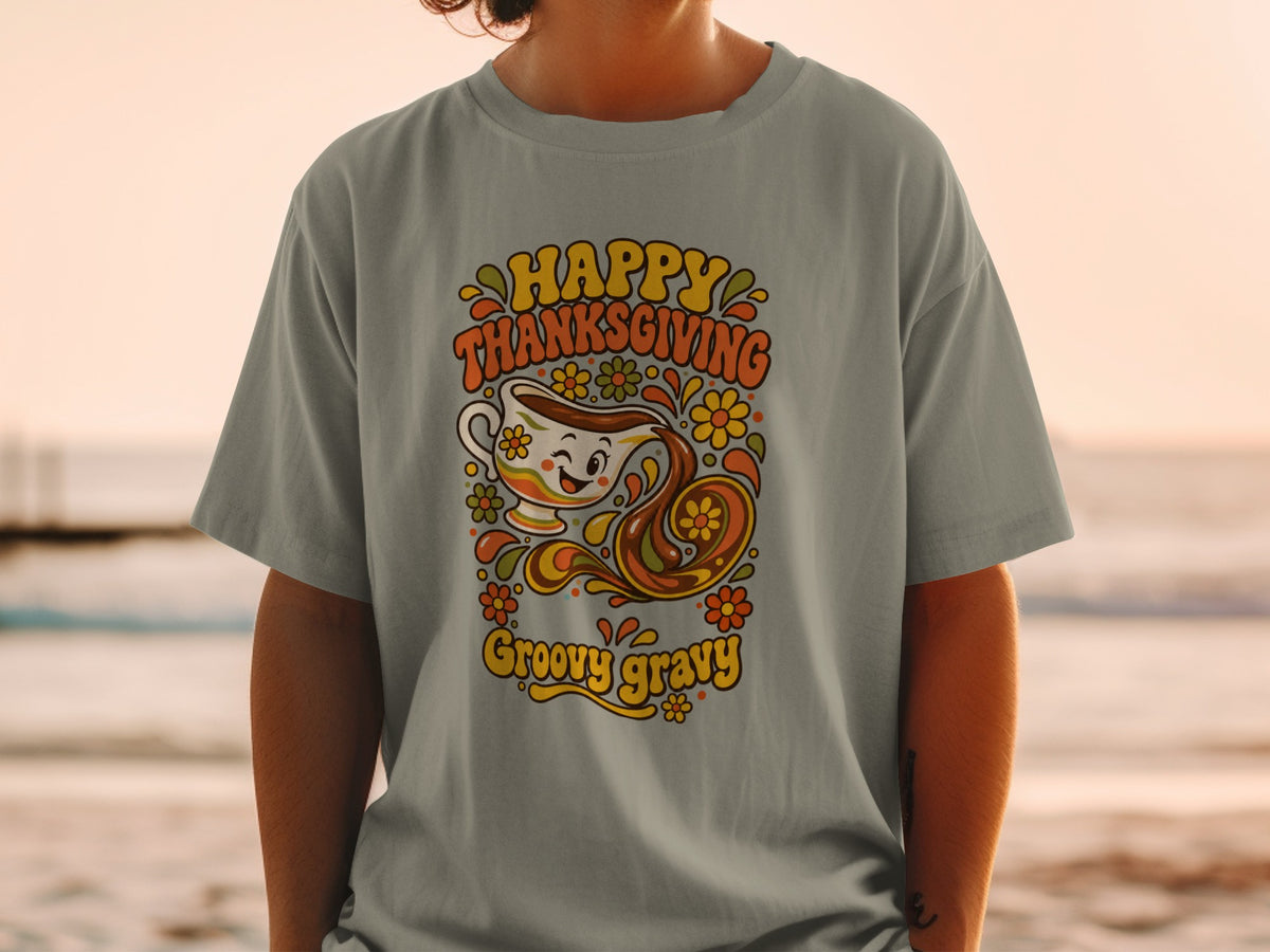 Happy Thanksgiving Groovy Gravy graphic on a gray t-shirt.