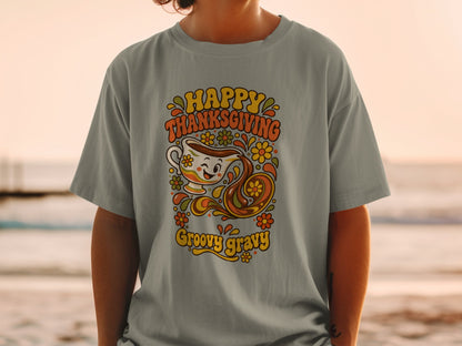 Happy Thanksgiving Groovy Gravy graphic on a gray t-shirt.
