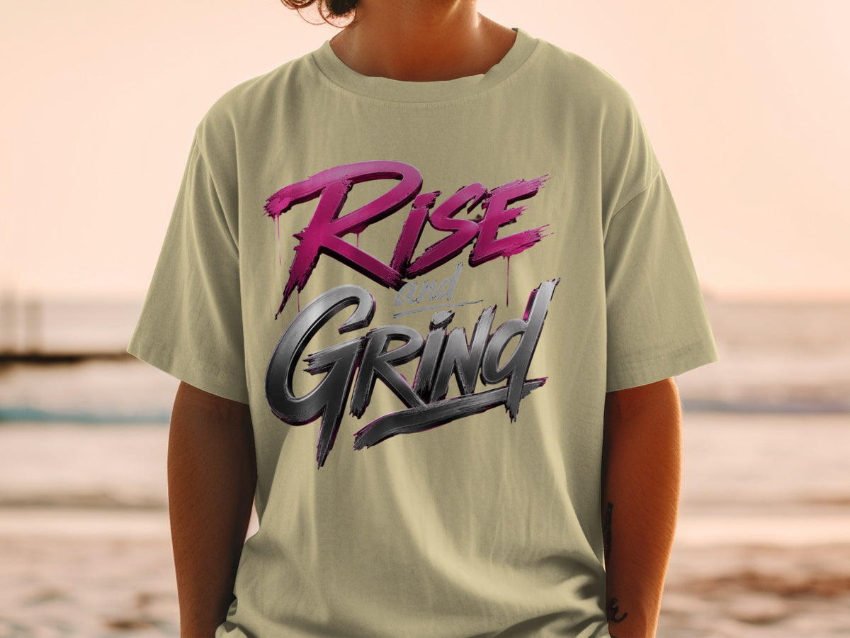 Light tan t-shirt with "Rise and Grind" text graphic.