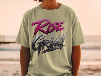 Light tan t-shirt with "Rise and Grind" text graphic.