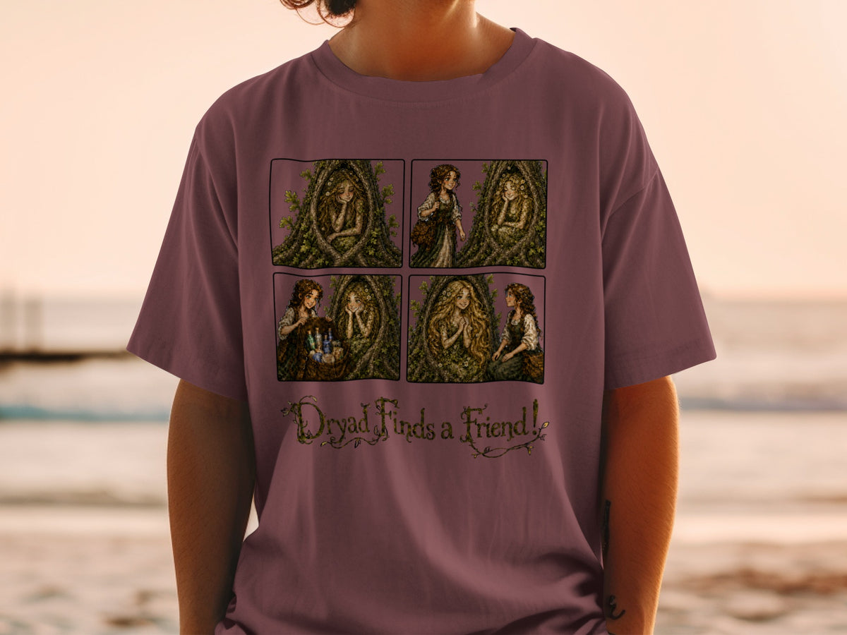 Four-panel comic showing a dryad interacting with a friend, with text "Dryad Finds a Friend!".