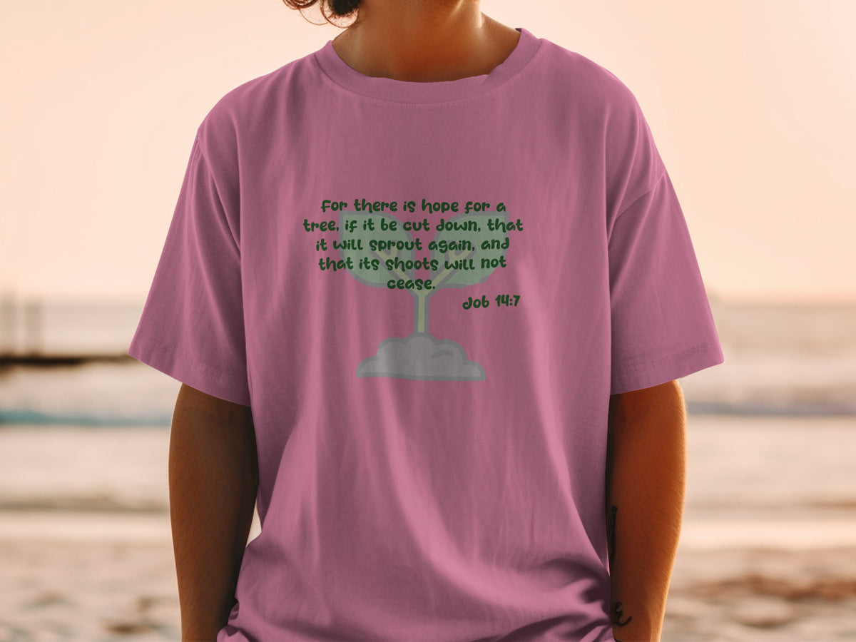 Purple t-shirt with text about hope and sprouting, citing Job 14:7.