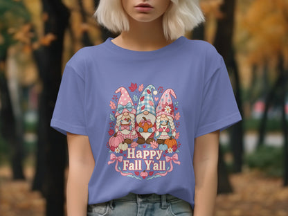 T-shirt with three gnomes, pumpkins, and "Happy Fall Y'all" text.