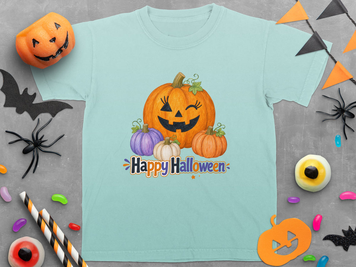Light blue t-shirt with a Halloween graphic of pumpkins and "Happy Halloween" text.