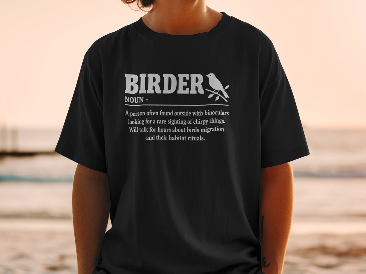 Black t-shirt with "Birder" definition and bird illustration.
