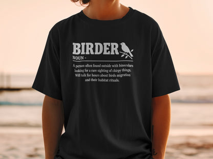 Black t-shirt with "Birder" definition and bird illustration.