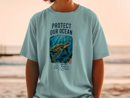 "Protect Our Ocean" graphic tee with sea turtle and coral reef illustration.