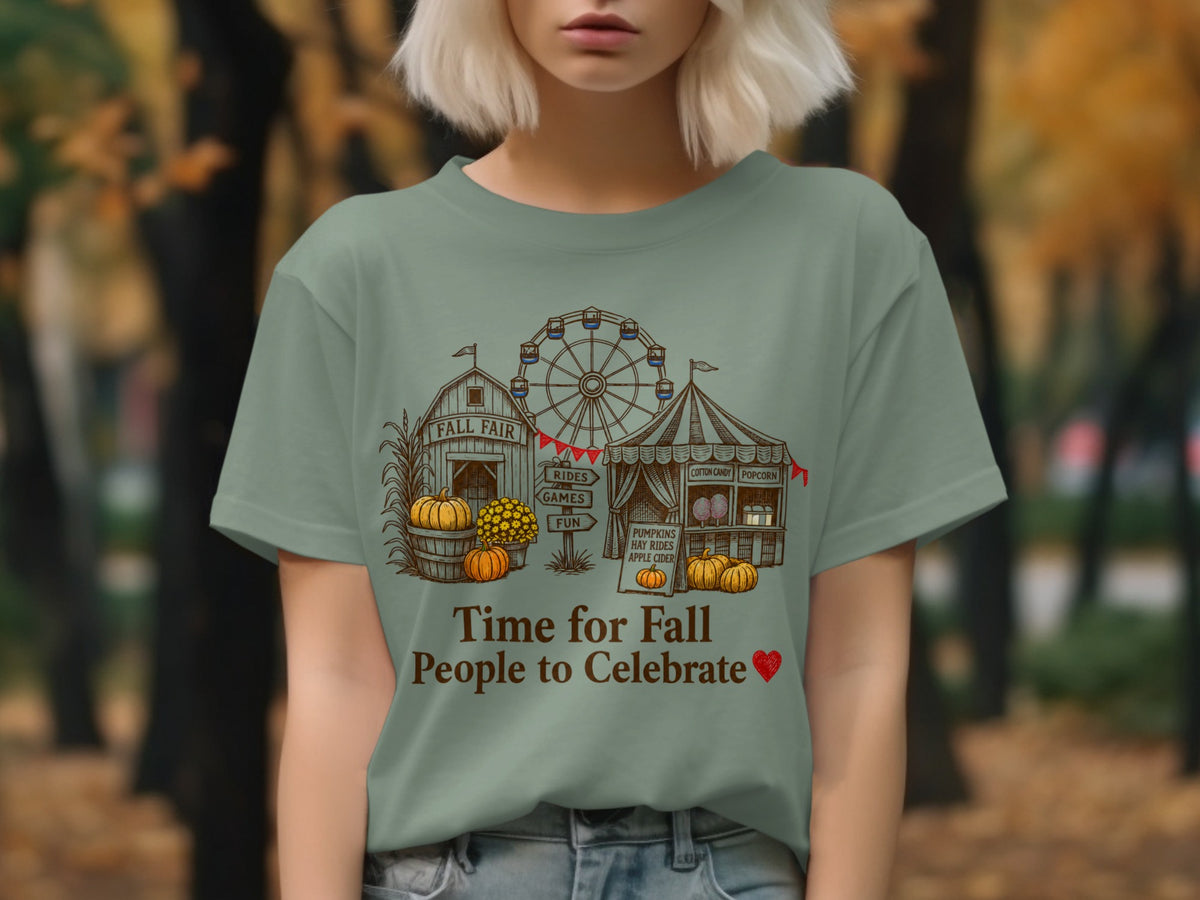 Fall fair illustration with Ferris wheel, barn, and pumpkins, text "Time for Fall People to Celebrate".