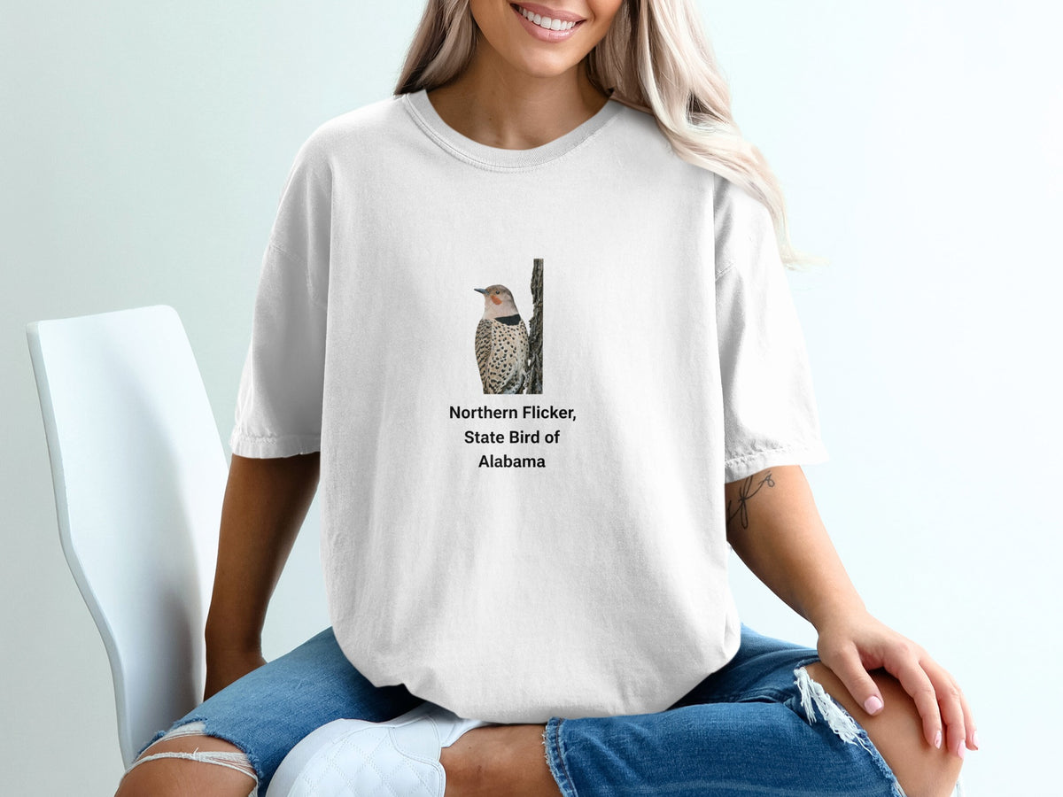 T-shirt with Northern Flicker, State Bird of Alabama graphic.