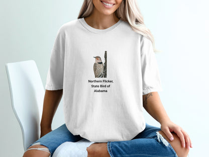 T-shirt with Northern Flicker, State Bird of Alabama graphic.