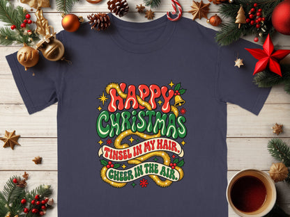 Navy t-shirt with "Happy Christmas, Tinsel in My Hair, Cheer in the Air" graphic.