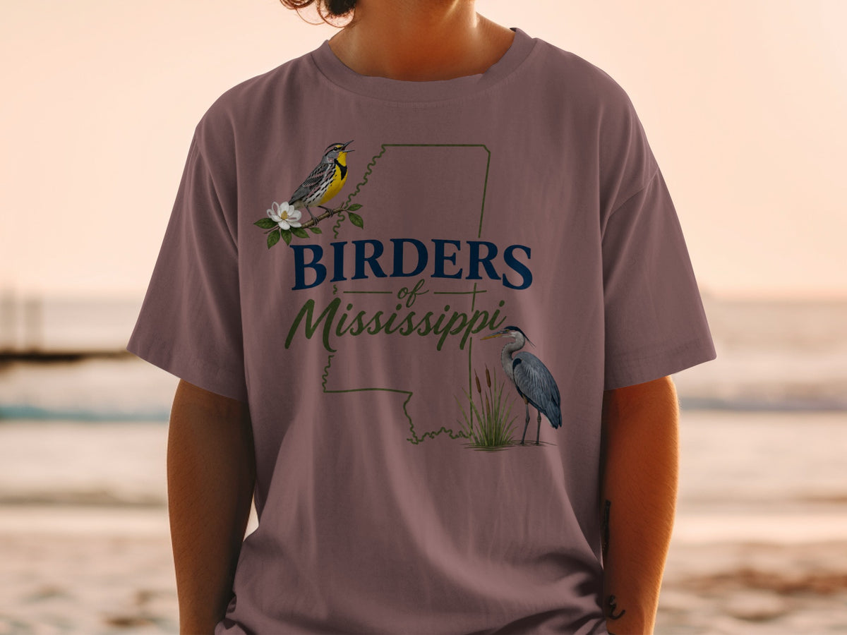T-shirt design with Mississippi outline, bird illustrations, and text "Birders of Mississippi".