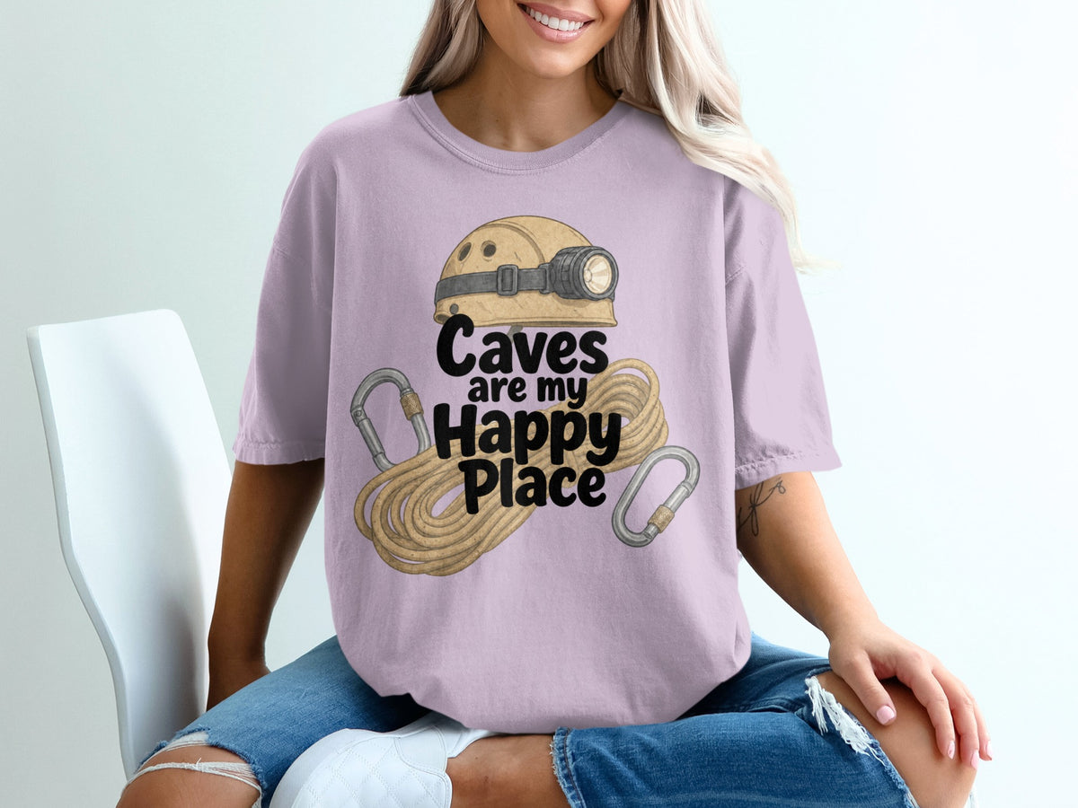 Lilac t-shirt with cave exploration graphic and text "Caves are my Happy Place".