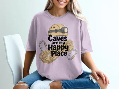 Lilac t-shirt with cave exploration graphic and text "Caves are my Happy Place".