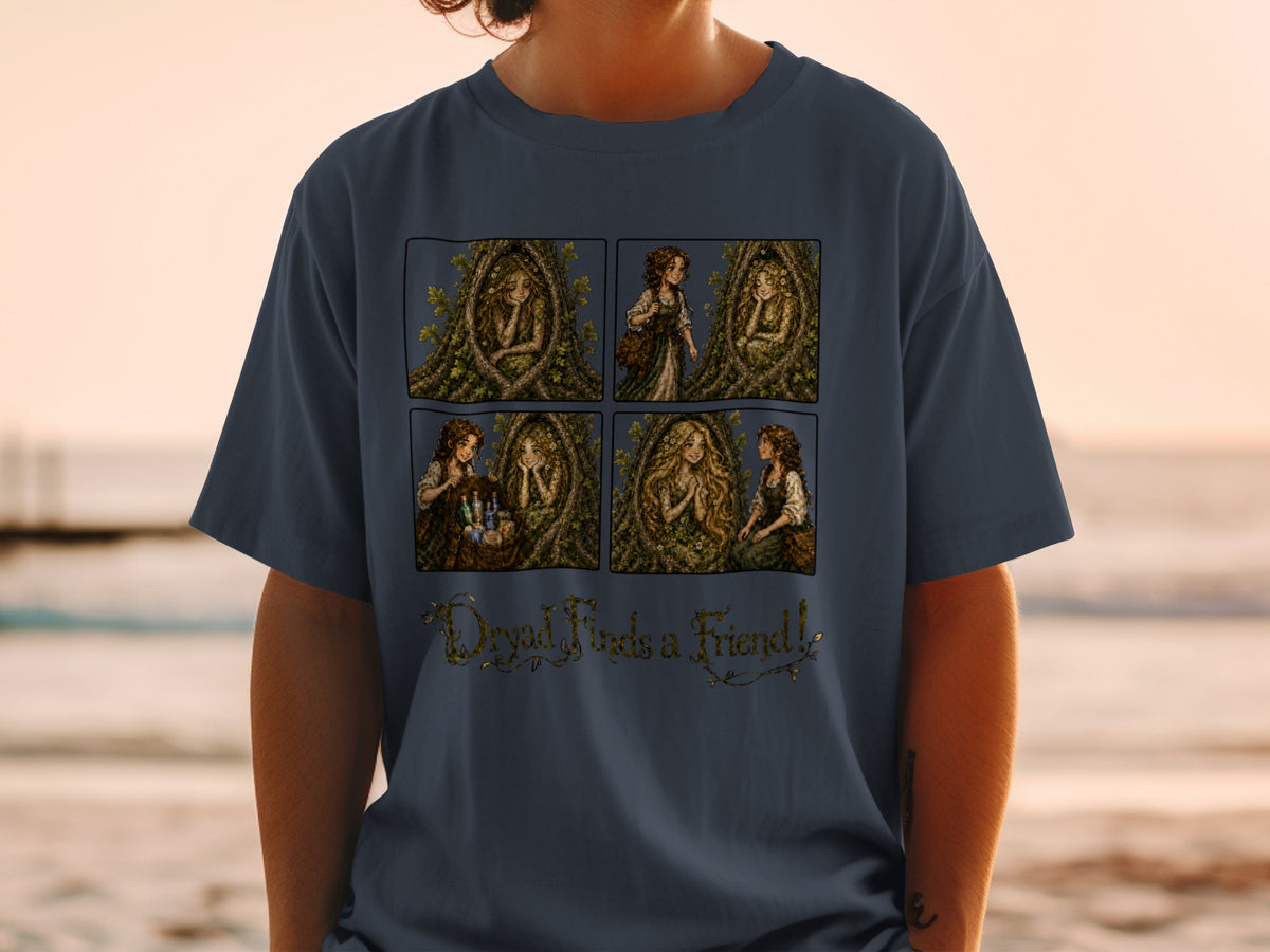 Four-panel comic showing a dryad and a young woman, with text "Dryad Finds a Friend!".