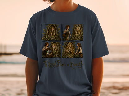 Four-panel comic showing a dryad and a young woman, with text "Dryad Finds a Friend!".