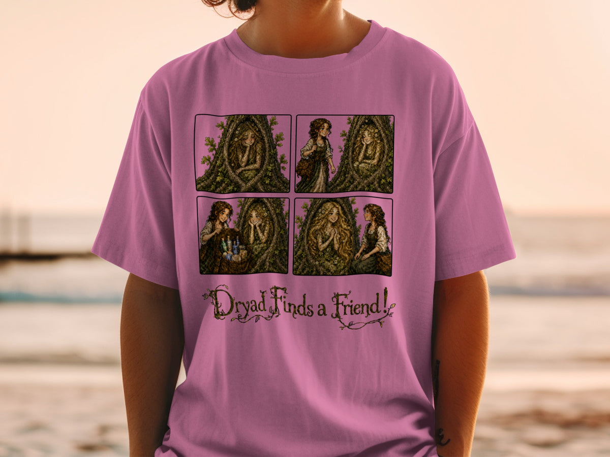 Comic strip on pink t-shirt titled "Dryad Finds a Friend!"