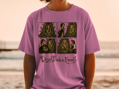 Comic strip on pink t-shirt titled "Dryad Finds a Friend!"