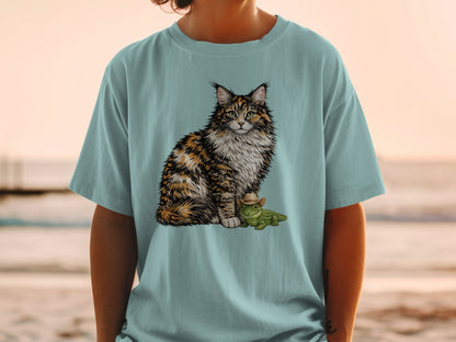 A light blue t-shirt printed with a fluffy calico cat sitting beside a small alligator wearing a cowboy hat.