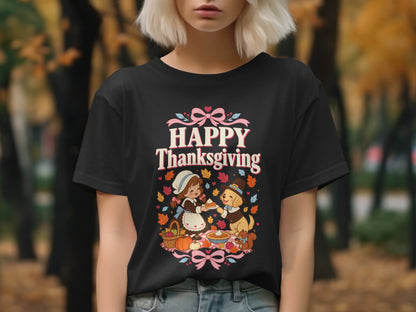 Black t-shirt with "Happy Thanksgiving" text and cartoon girl giving pie to a dog.