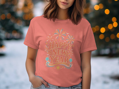 Coral t-shirt with "Happy New Year" text, fireworks, sun, and waves design.