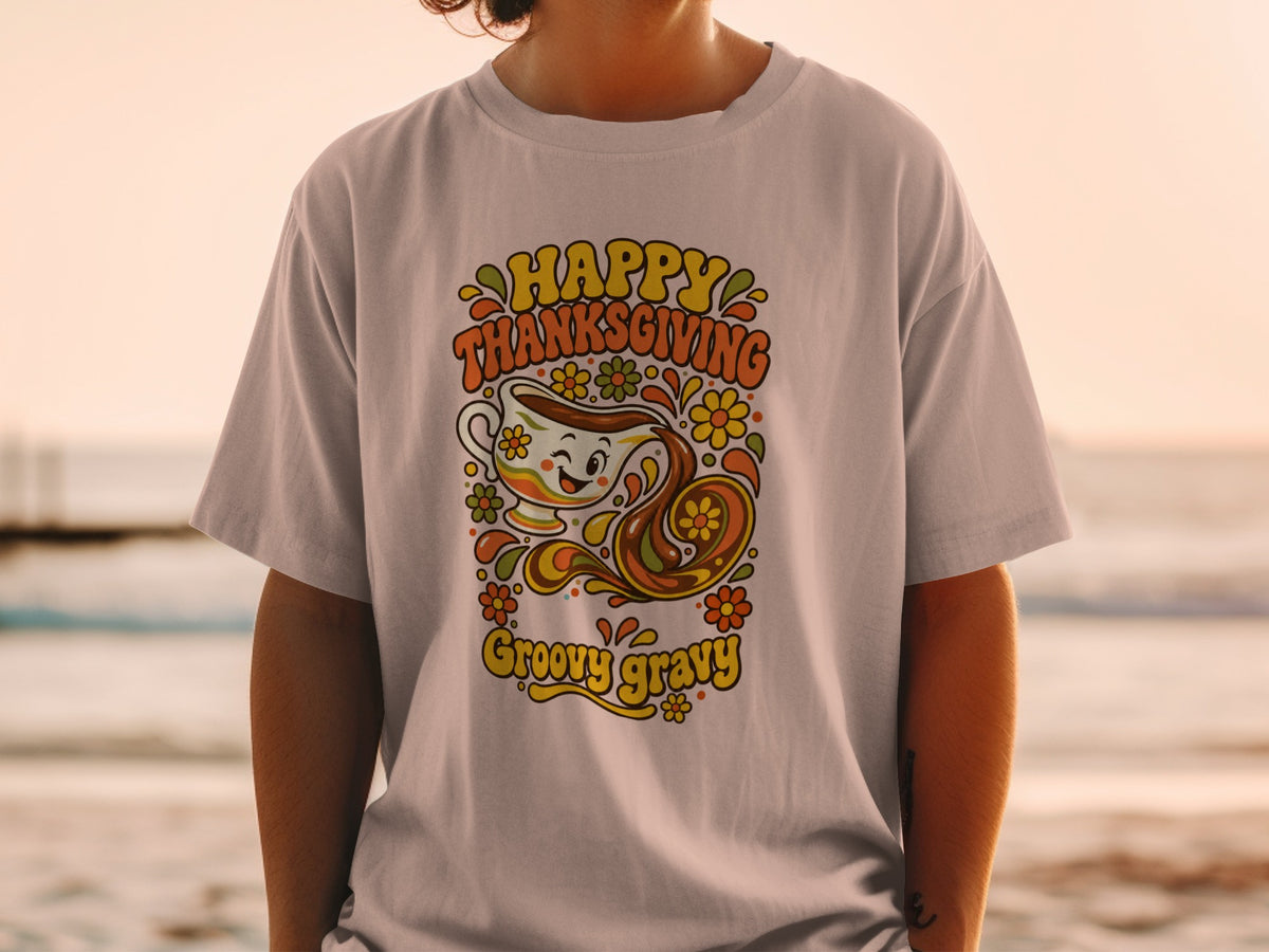 Happy Thanksgiving Groovy Gravy t-shirt with retro cartoon gravy boat.