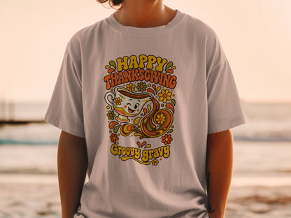 Happy Thanksgiving Groovy Gravy t-shirt with retro cartoon gravy boat.