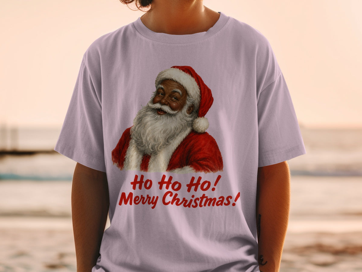 T-shirt with Santa Claus graphic and red text "Ho Ho Ho! Merry Christmas!"