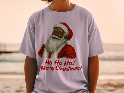 T-shirt with Santa Claus graphic and red text "Ho Ho Ho! Merry Christmas!"